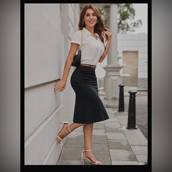 NWOT Belle Poque Elegant Ruched Pencil Skirt Black High Waist Business Skirt - Picture 7 of 15